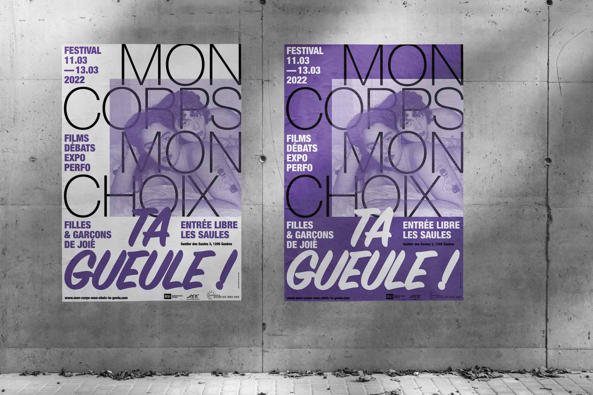 Deux variantes de l'affiche, avec un traitement typographique et une photographie de Romy Alizée, de la première édition du festival Mon Corps, Mon Choix, Ta Gueule! La thématique du festival est le corps, filles et garçons de joie.