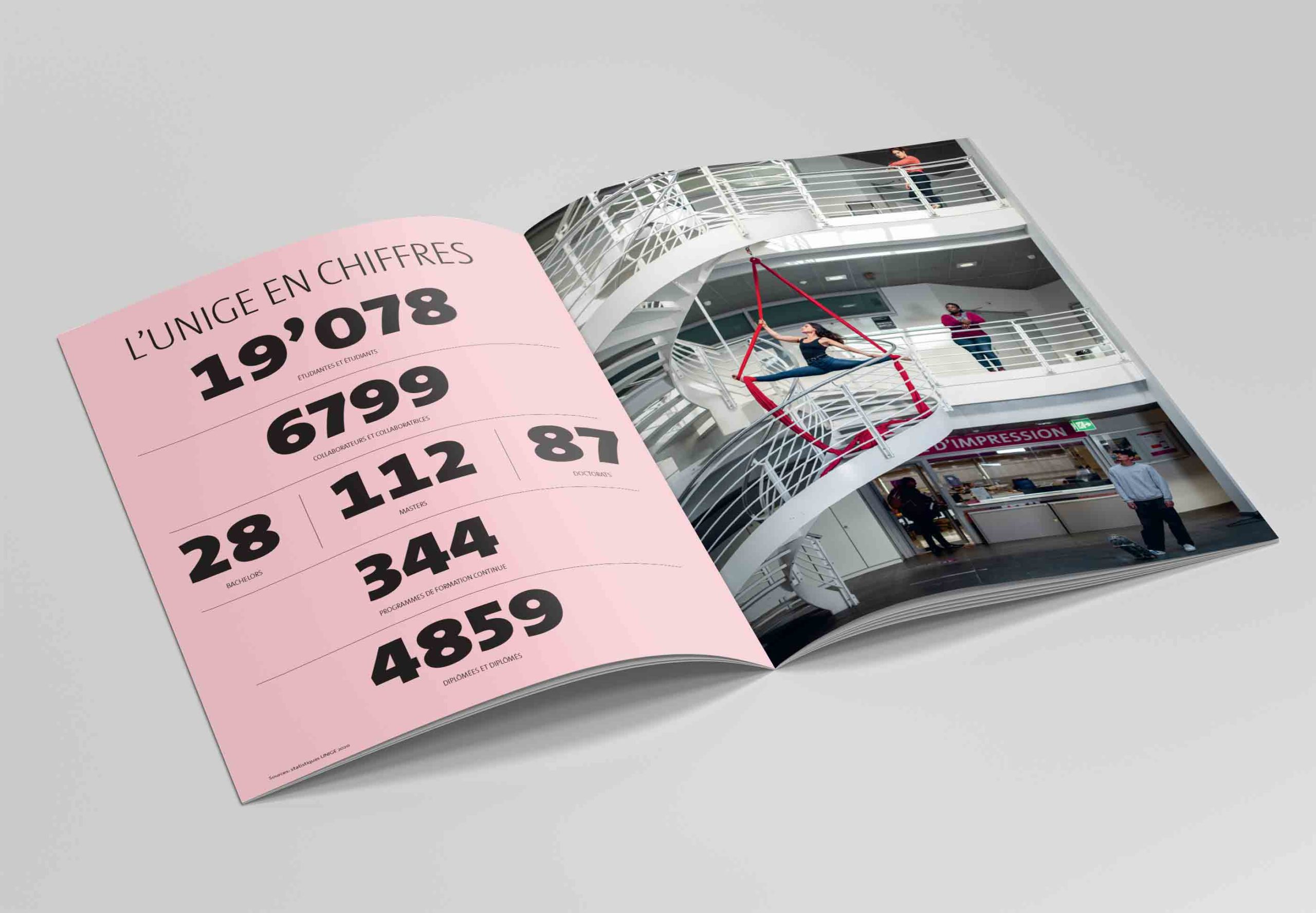 Page intérieure de la nouvelle brochure de l’Université de Genève. Le système graphique stricte dialogue avec une iconographie urbaine. Elle permet de mettre en valeur les bâtiments du campus de l'UNIGE. Photographies par Greg Clément.