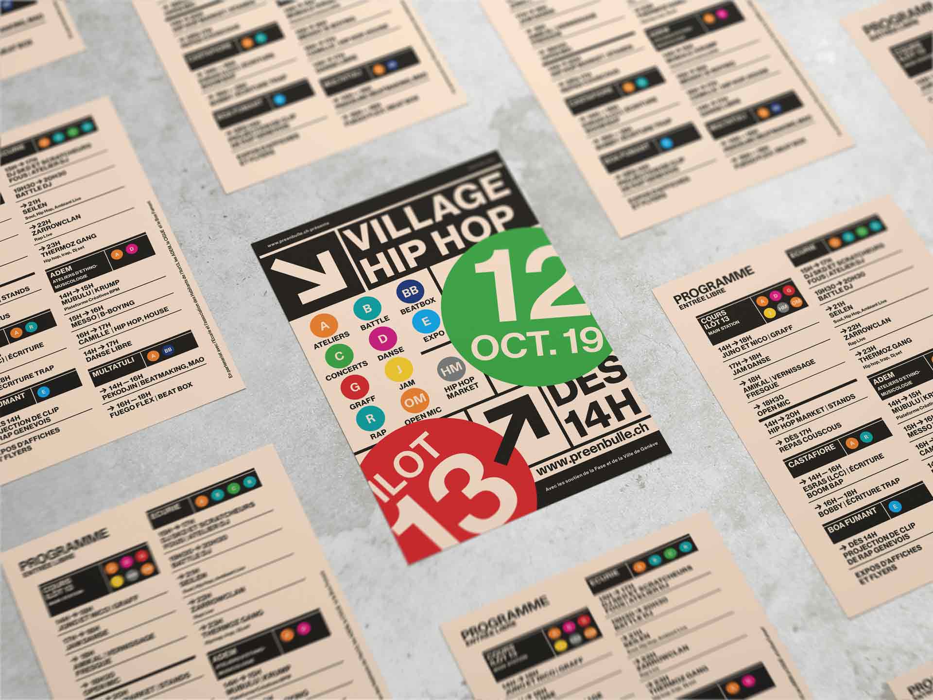 Flyer recto verso pour le festival de quartier Village Hip Hop. L'objectif recherché est de créer un visuel qui rappelle le système graphique et signalétique du métro de New York. Au sein des modules proposé, ce projet s'affranchit de la grille précise mis en place afin de créer des contrastes visuels et typographiques.