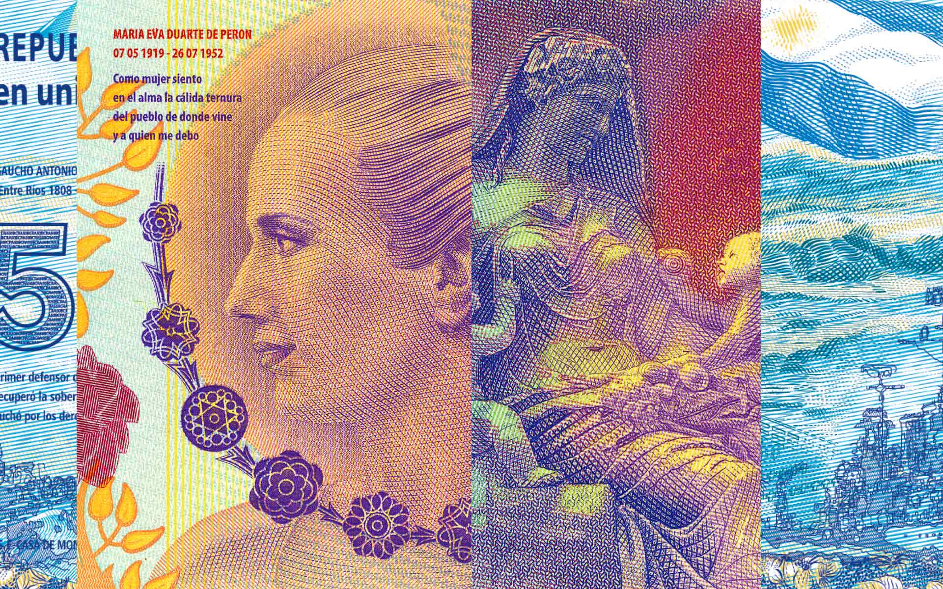 Design de sécurité, billet de banque de l'Argentine. 100 Pesos avec la thématique Eva Perón et 50 Pesos avec la thématique les Malouines