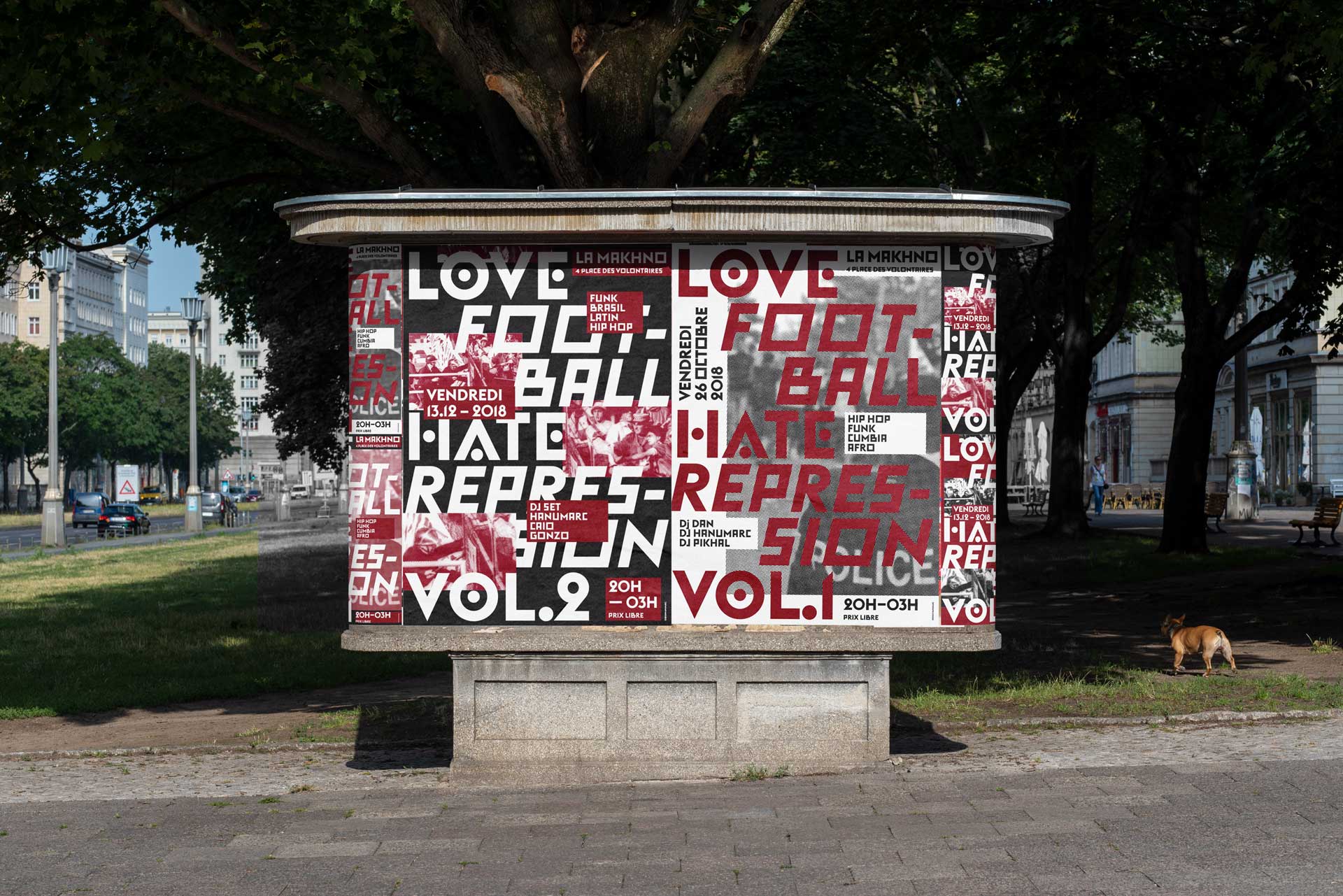Love Football Hate Repression vol, 1 et vol 2. Affiches typographique et 2 couleurs culturelle pour une soirée de soutient