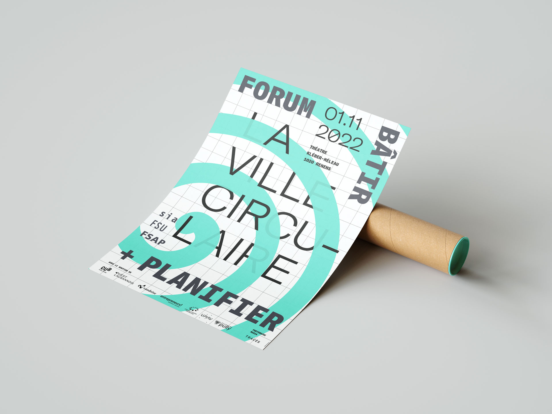Affiche de la nouvelle identité du Forum Bâtir + Planifier de la SIA Vaud se base sur une grille de construction visible, un cadre typographique, un système linéaire et fluo et un jeu de superposition et de transparence. 