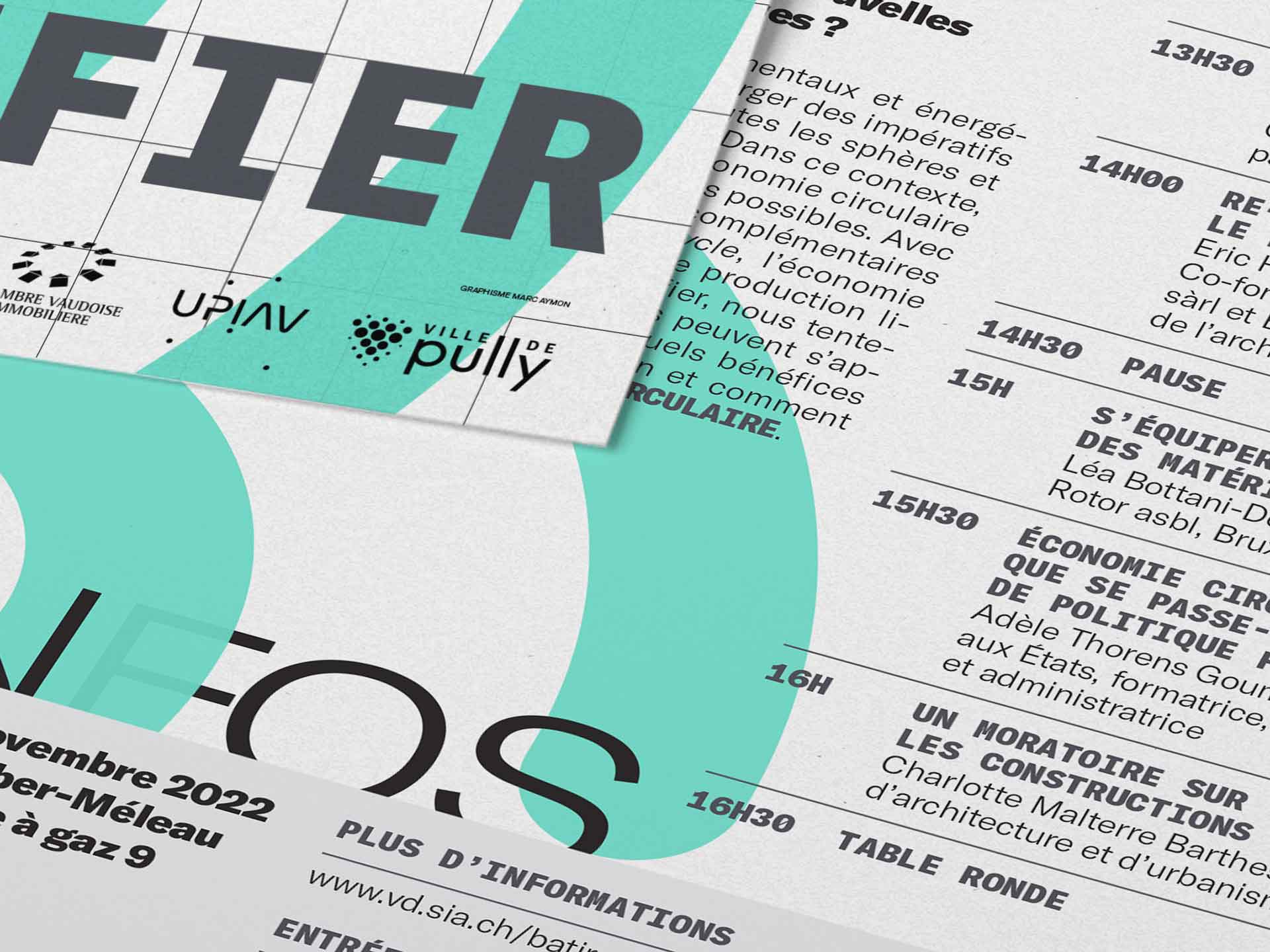 Détail du flyer de la nouvelle identité du Forum Bâtir + Planifier de la SIA Vaud se base sur une grille de construction visible, un cadre typographique, un système linéaire et fluo et un jeu de superposition et de transparence. 