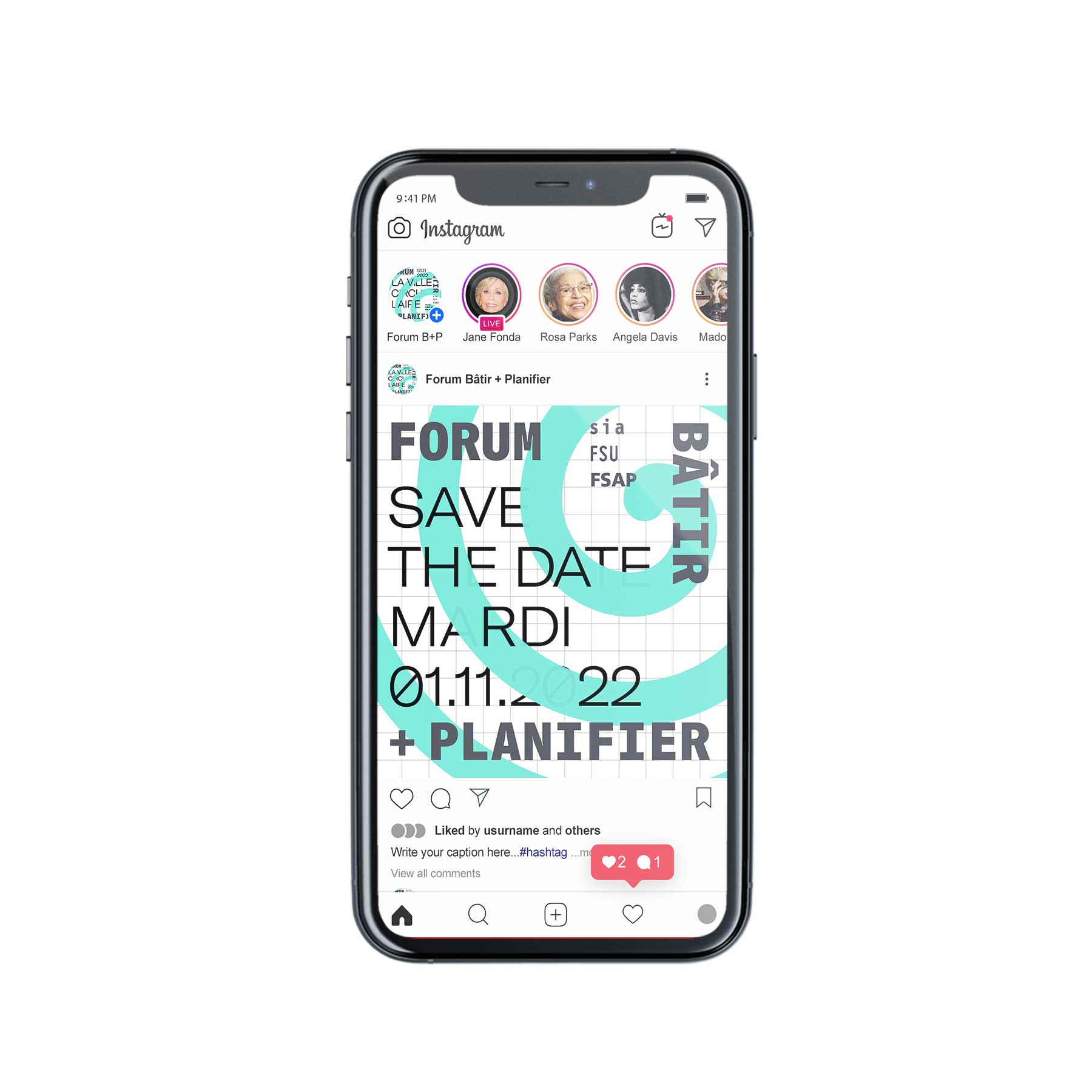 Déclinaison Instagram de la nouvelle identité du Forum Bâtir + Planifier de la SIA Vaud se base sur une grille de construction visible, un cadre typographique, un système linéaire et fluo et un jeu de superposition et de transparence. 