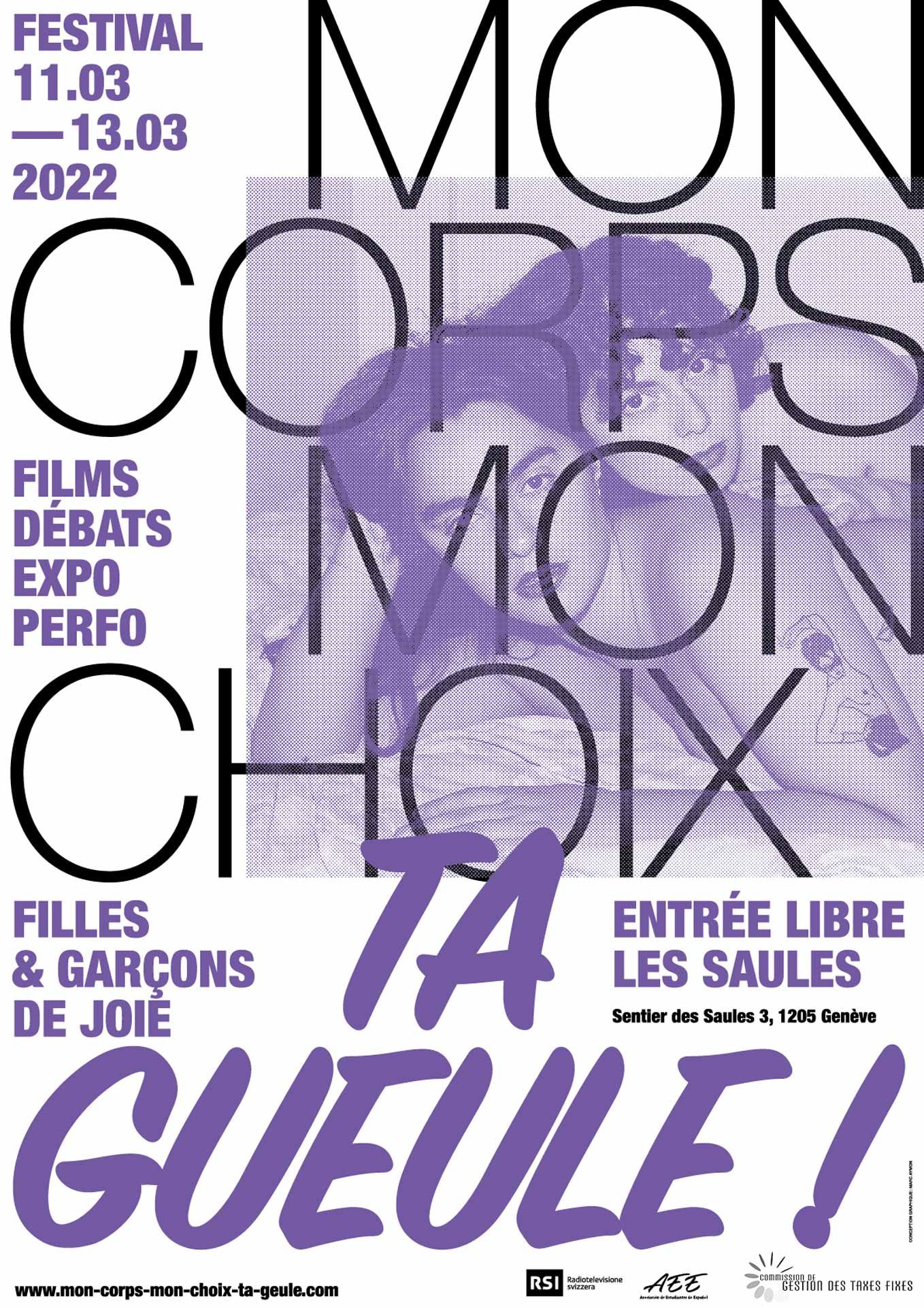 Affiche, avec un traitement typographique et une photographie de Romy Alizée, de la première édition du festival Mon Corps, Mon Choix, Ta Gueule! La thématique du festival est le corps, filles et garçons de joie.