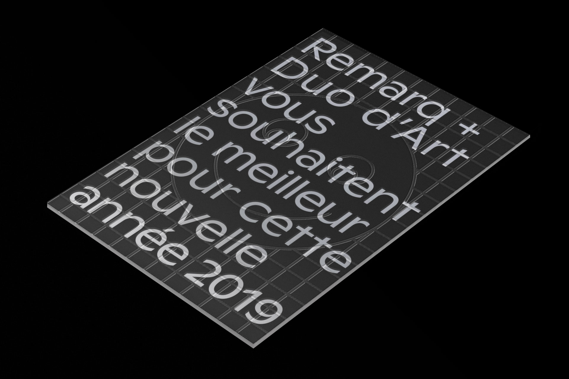 Carte de voeux pour Remarq - Duo d'Art. Sérigraphie et découpe laser sur Plexi.